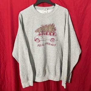Real Friends Christmas Graphic Art Gray Crew Neck Long Sleeve Sweater